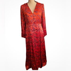 Topshop Women's‎ Satin Floral Red Midi 2 Front Slits Split Back Neckline size 6
